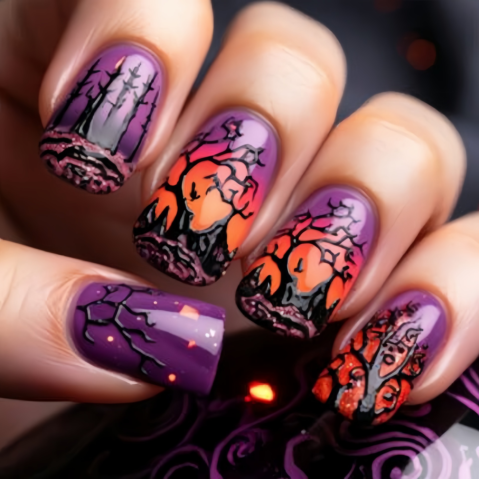 Nail Art Orange - Unhas postiças quadradas de tamanho médio